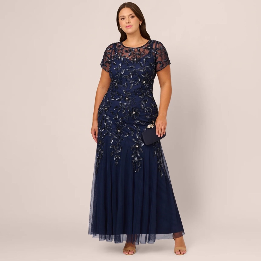 Adrianna Papell Women's Plus Size Floral Beaded Godet Gown, Light Navy Size 22W